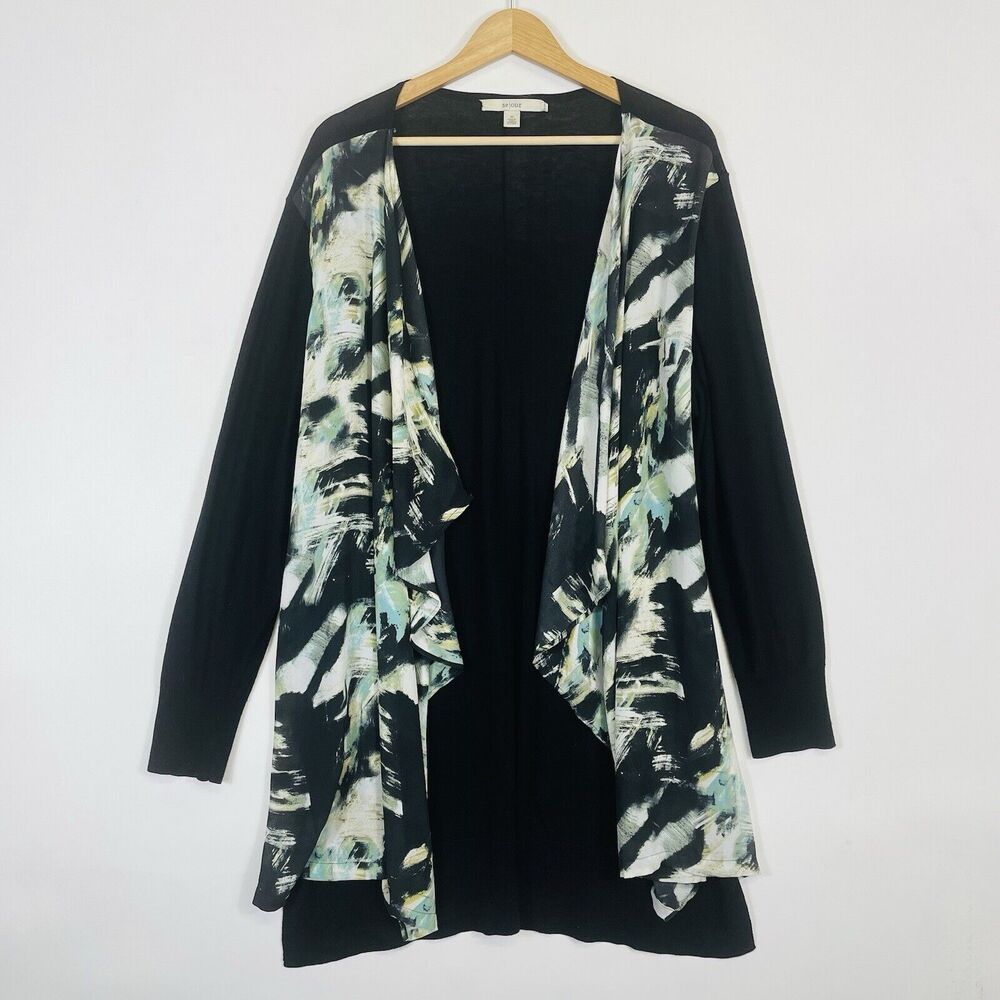 Sejour Cardigan Sweater Women 2X Black Aqua Beige Artsy Chiffon Front‎ Flowy